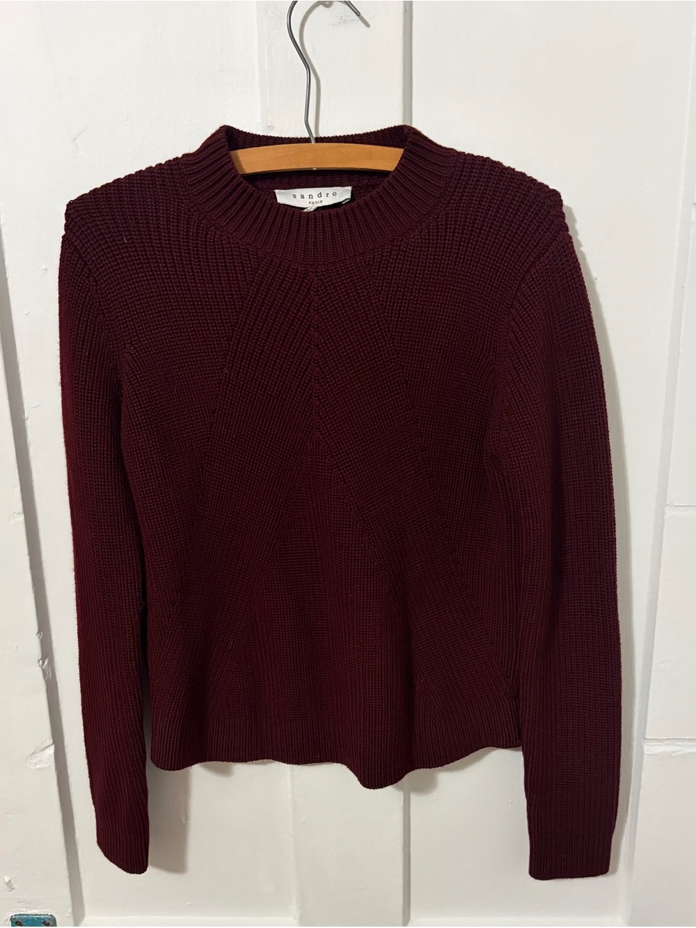 Sandro Maroon Ribbed Crewneck Sweater